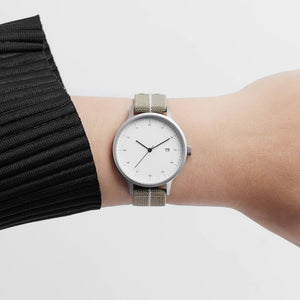 B30 Watch, Silver Case, White Dial, Calendar, Stretch Nylon Strap