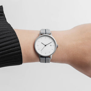 B30 Watch, Silver Case, White Dial, Calendar, Stretch Nylon Strap