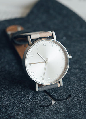 B60 Watch, Silver Case, Silver Dial, Leather Strap