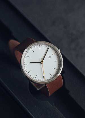 B202 Watch, Silver Case, White Dial, Calendar, Leather Strap - Brown - BIJOUONE