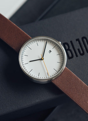 B202 Watch, Silver Case, White Dial, Calendar, Leather Strap - Brown - BIJOUONE