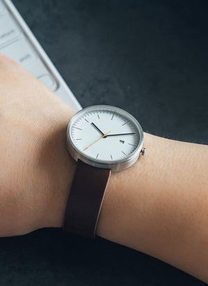 B202 Watch, Silver Case, White Dial, Calendar, Leather Strap - Brown - BIJOUONE