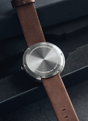 B202 Watch, Silver Case, White Dial, Calendar, Leather Strap - Brown - BIJOUONE