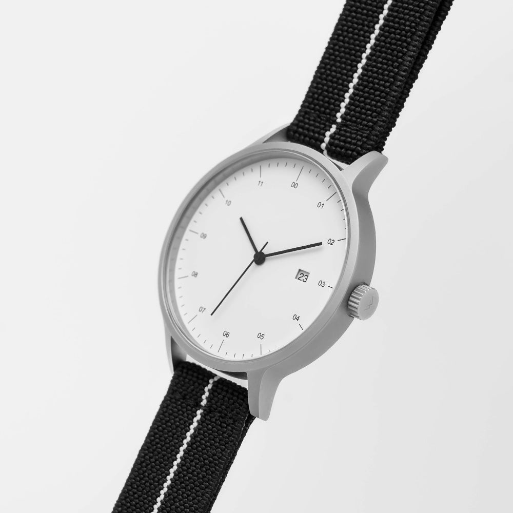 B30 Watch, Silver Case, White Dial, Calendar, Stretch Nylon straps - Black