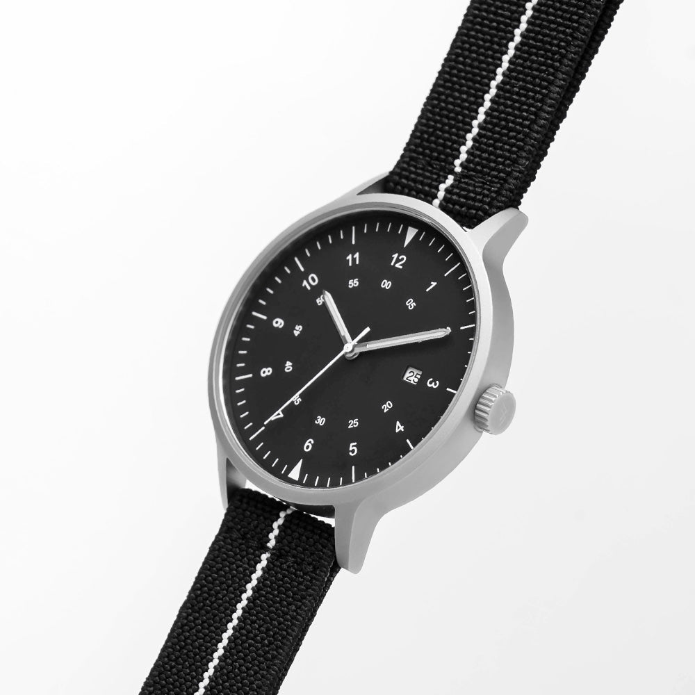 B70 Watch, Silver Case, Black Dial, Calendar, Luminous, Stretch Nylon straps - Black