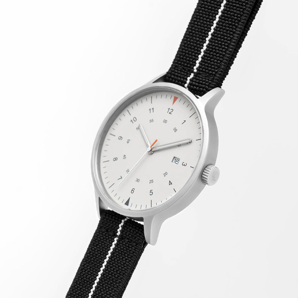 B70 Watch, Silver Case, Beige Dial, Calendar, Luminous, Stretch Nylon straps - Black