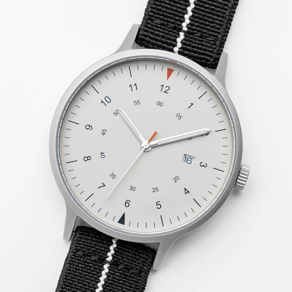 B70 Watch, Silver Case, Beige Dial, Calendar, Luminous, Stretch Nylon straps - Black