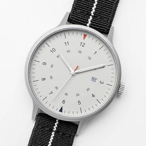 B70 Watch, Silver Case, Beige Dial, Calendar, Luminous, Stretch Nylon straps - Black