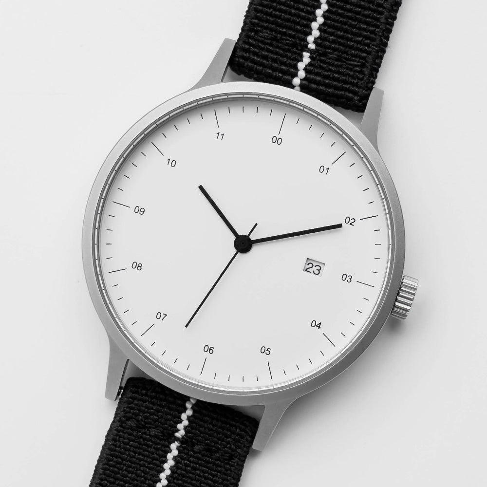 B30 Watch, Silver Case, White Dial, Calendar, Stretch Nylon straps - Black