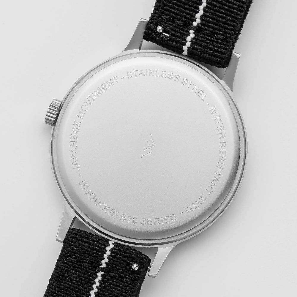 B30 Watch, Silver Case, White Dial, Calendar, Stretch Nylon straps - Black