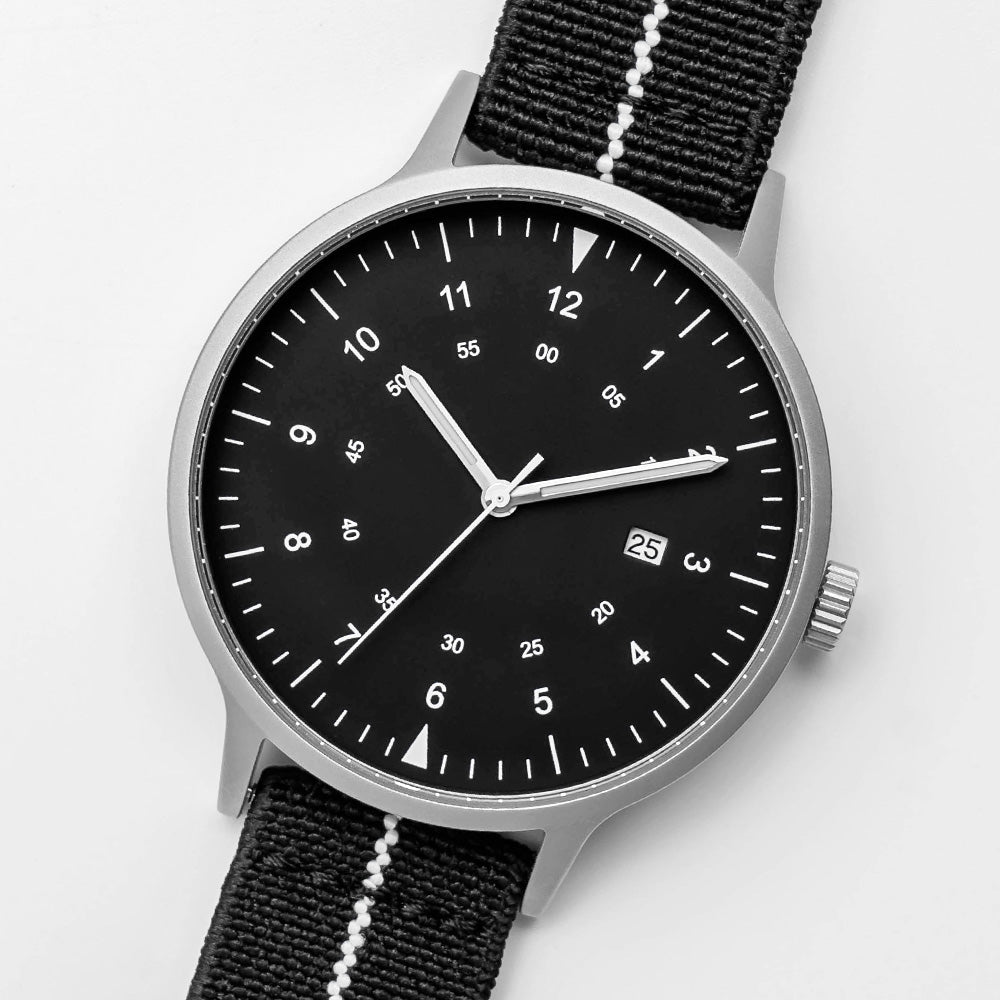 B70 Watch, Silver Case, Black Dial, Calendar, Luminous, Stretch Nylon straps - Black