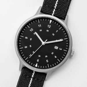 B70 Watch, Silver Case, Black Dial, Calendar, Luminous, Stretch Nylon straps - Black