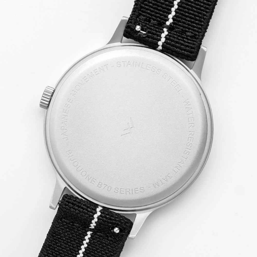 B70 Watch, Silver Case, Black Dial, Calendar, Luminous, Stretch Nylon straps - Black