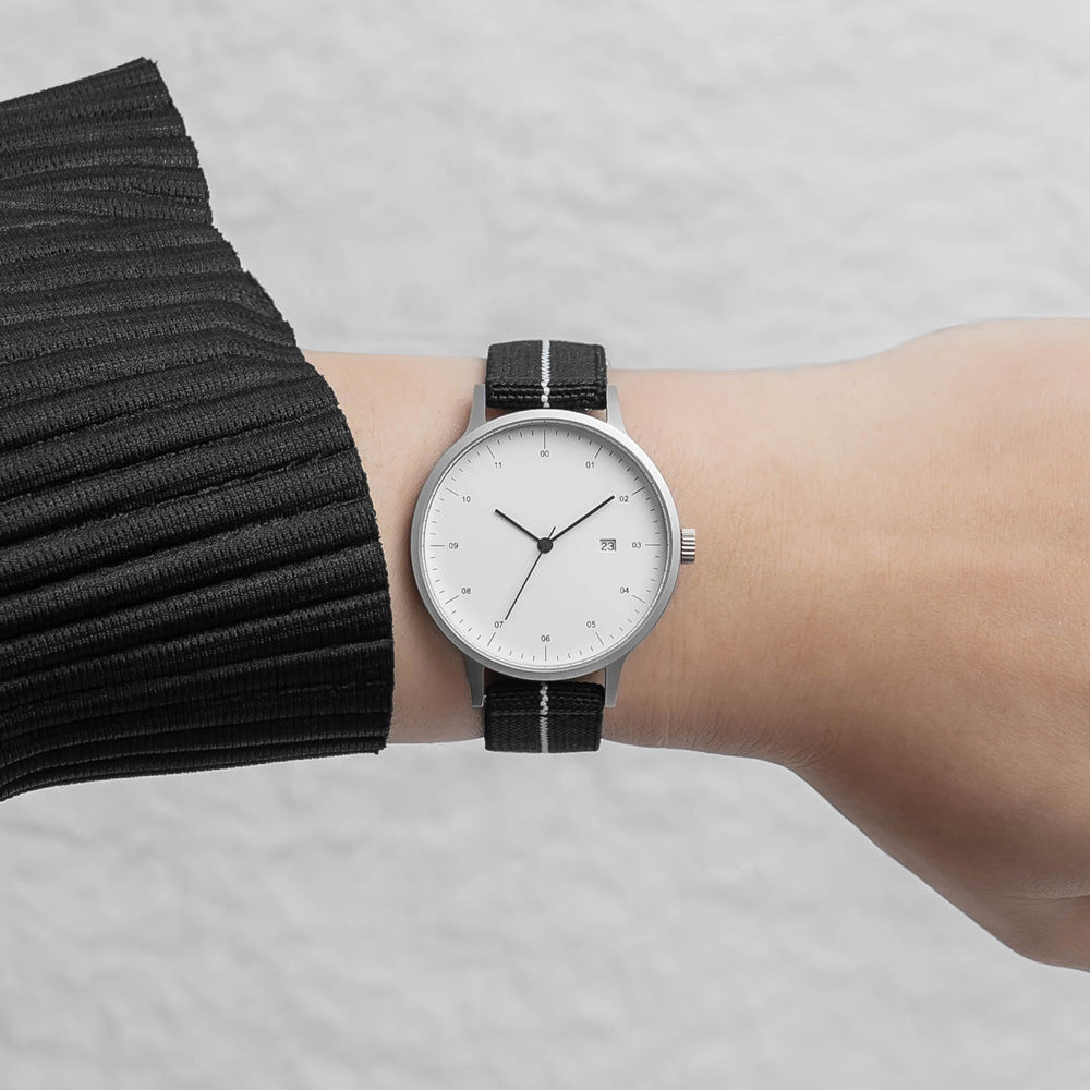 B30 Watch, Silver Case, White Dial, Calendar, Stretch Nylon straps - Black