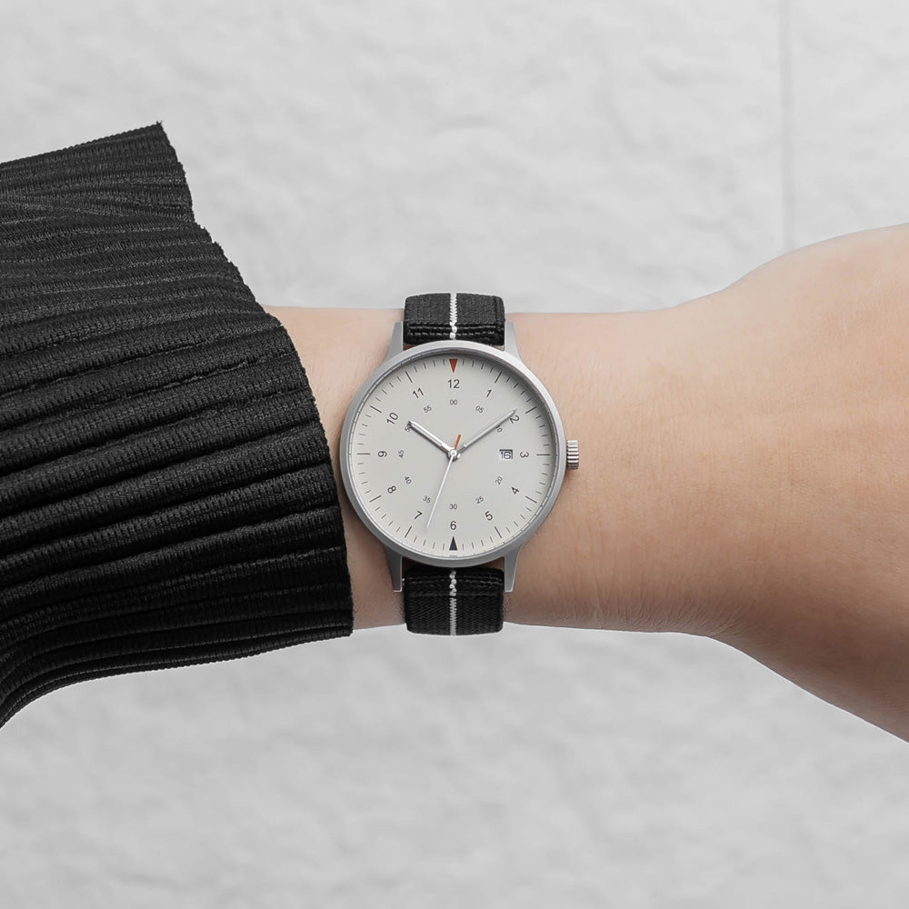 B70 Watch, Silver Case, Beige Dial, Calendar, Luminous, Stretch Nylon straps - Black