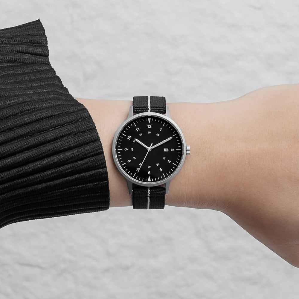B70 Watch, Silver Case, Black Dial, Calendar, Luminous, Stretch Nylon straps - Black