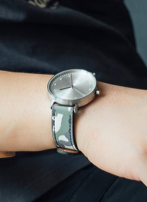 B60 Watch, Silver Case, silver Dial, Leather Strap - Camouflage Green - BIJOUONE