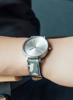 B60 Watch, Silver Case, silver Dial, Leather Strap - Camouflage Green - BIJOUONE