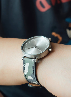 B60 Watch, Silver Case, silver Dial, Leather Strap - Camouflage Green - BIJOUONE