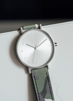 B60 Watch, Silver Case, silver Dial, Leather Strap - Camouflage Green - BIJOUONE