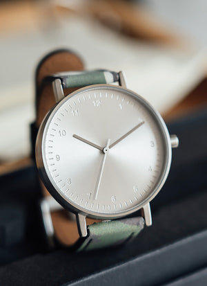 B60 Watch, Silver Case, silver Dial, Leather Strap - Camouflage Green - BIJOUONE