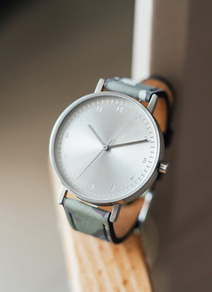B60 Watch, Silver Case, silver Dial, Leather Strap - Camouflage Green - BIJOUONE