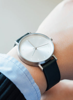 B60 Watch, Silver Case, Silver Dial, Leather Strap