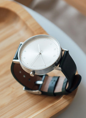 B60 Watch, Silver Case, Silver Dial, Leather Strap