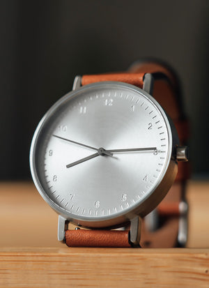 B60 Watch, Silver Case, Silver Dial, Leather Strap