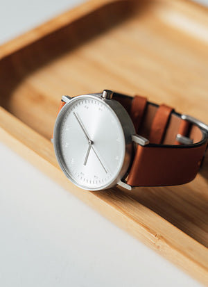 B60 Watch, Silver Case, Silver Dial, Leather Strap