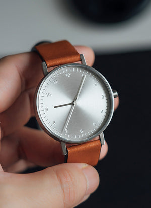 B60 Watch, Silver Case, Silver Dial, Leather Strap