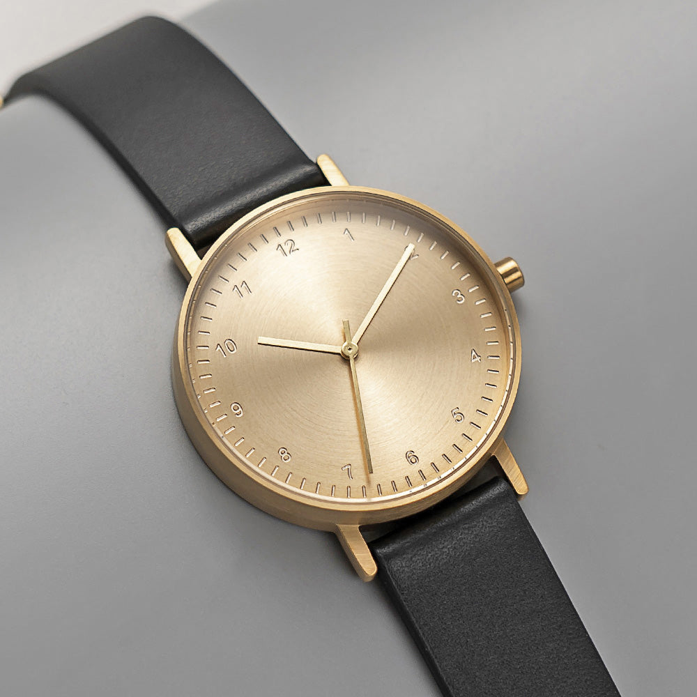 B60 Watch, Gold Case, Gold Dial, Leather Strap - Black
