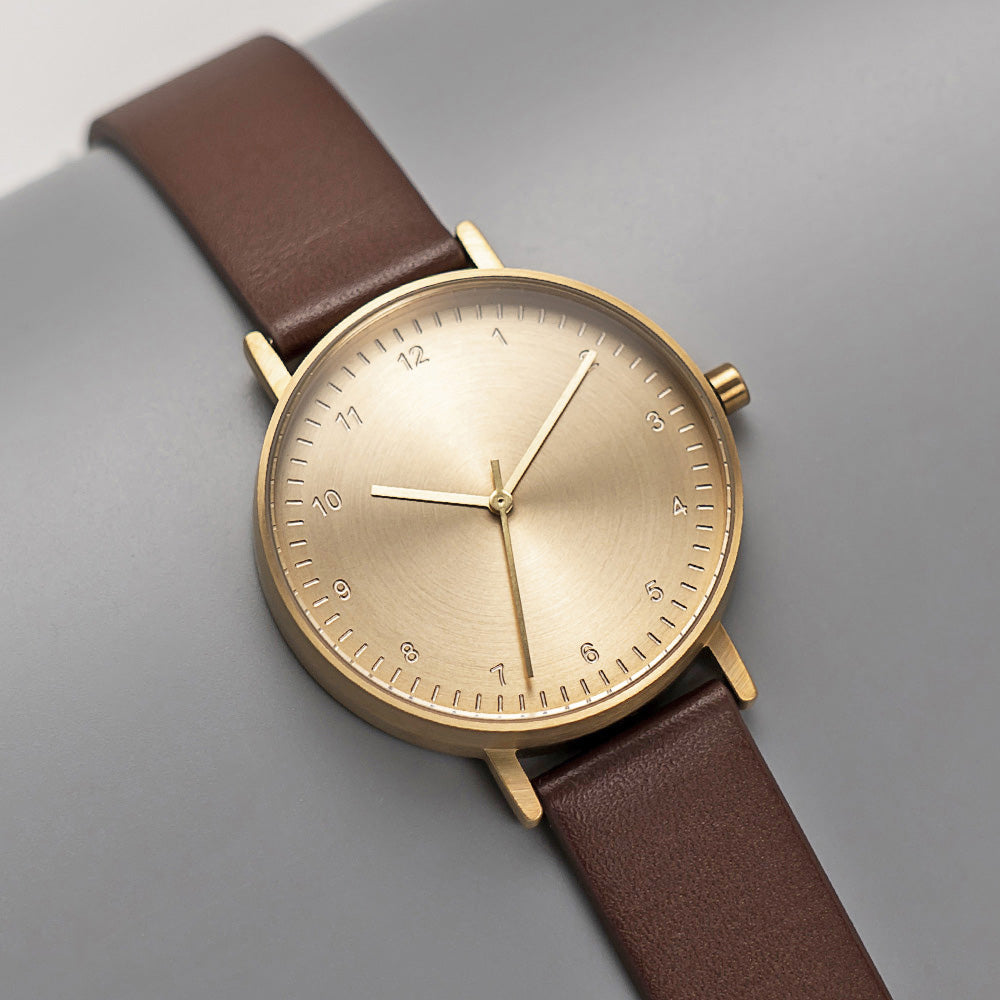 B60 Watch, Gold Case, Gold Dial, Leather Strap - Coffee