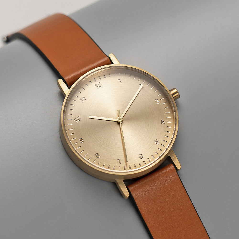 B60 Watch, Gold Case, Gold Dial, Leather Strap - Tan
