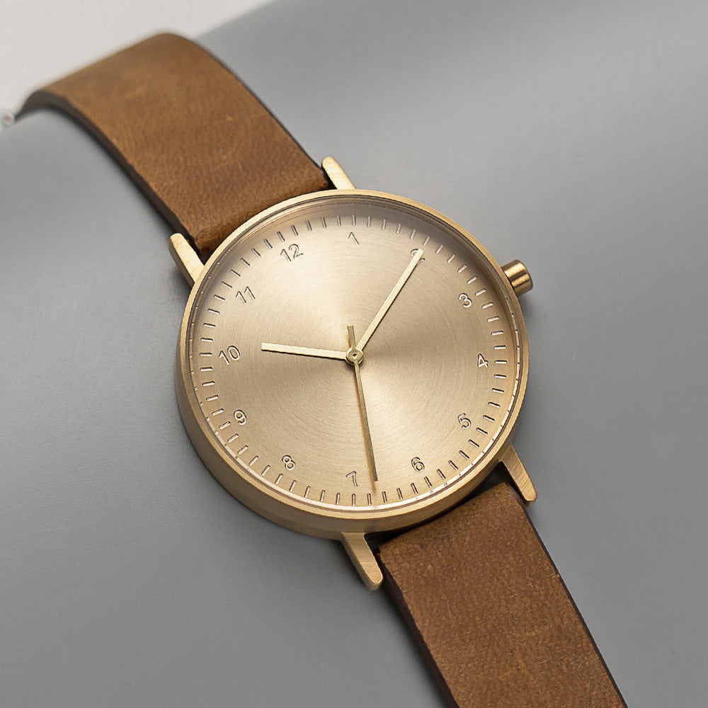 B60 Watch, Gold Case, Gold Dial, Leather Strap - Brown Suede