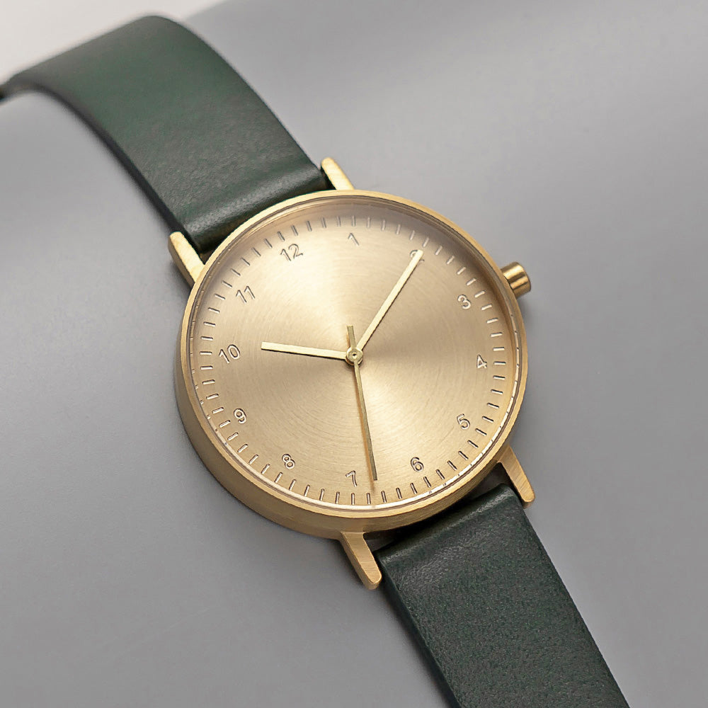 B60 Watch, Gold Case, Gold Dial, Leather Strap - Green
