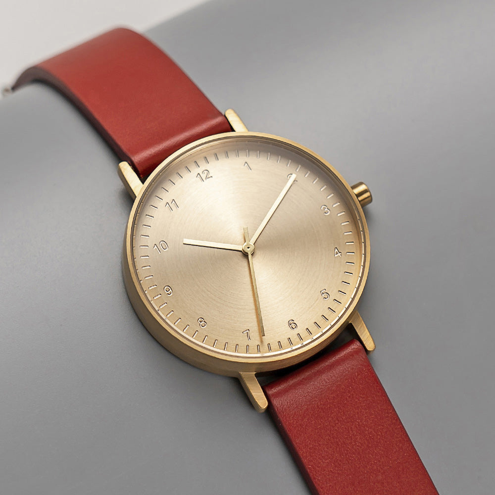 B60 Watch, Gold Case, Gold Dial, Leather Strap - Red