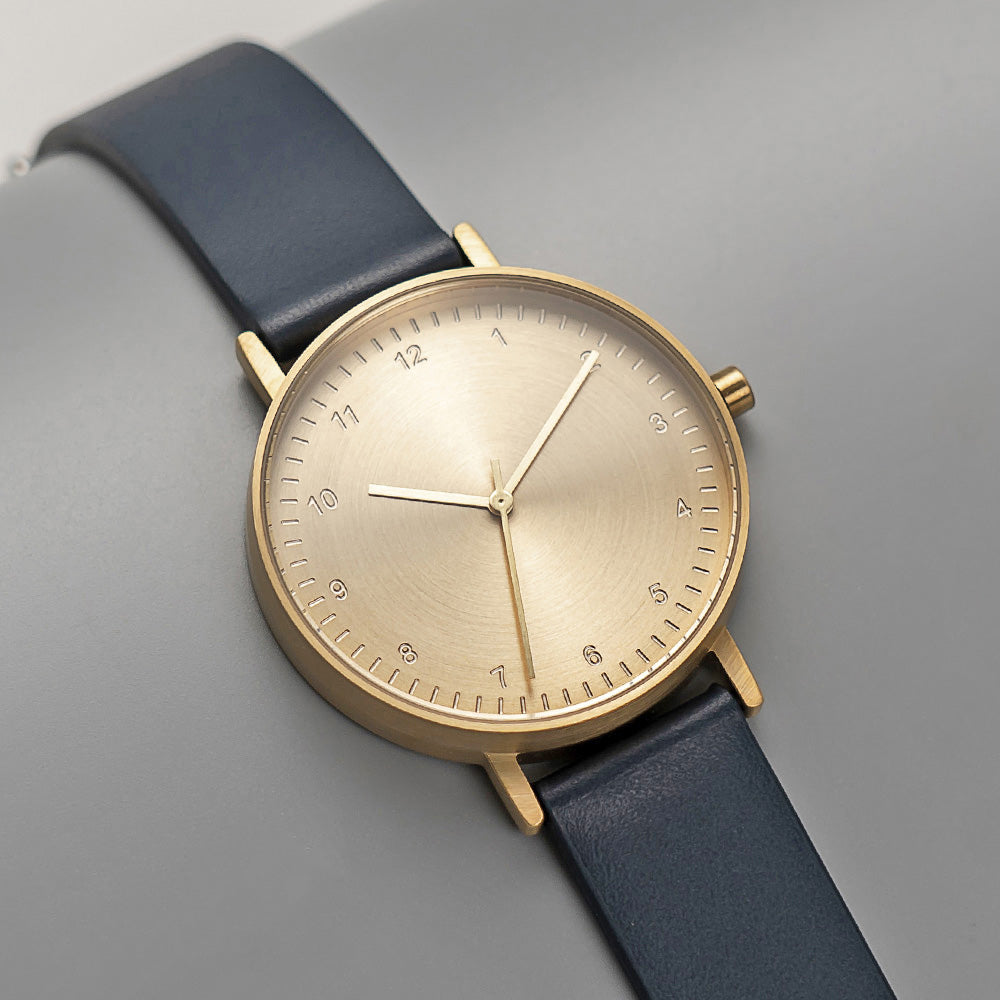 B60 Watch, Gold Case, Gold Dial, Leather Strap - Navy