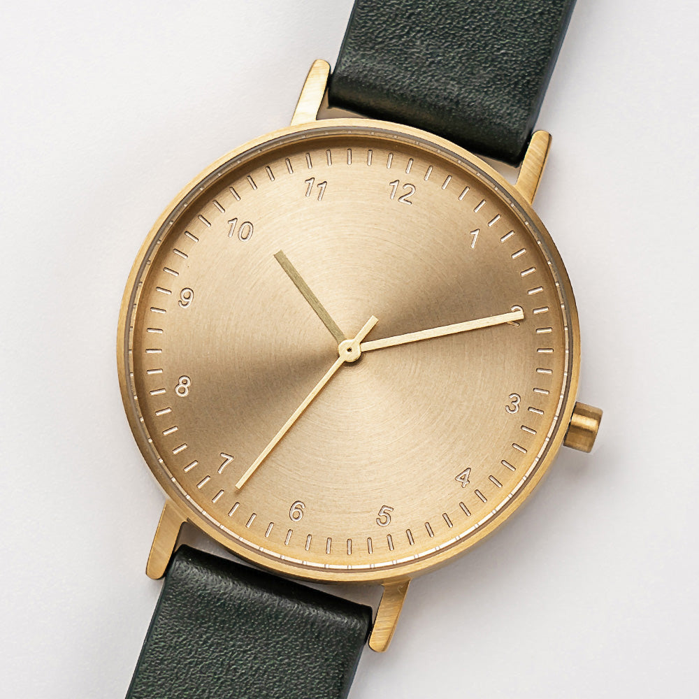 B60 Watch, Gold Case, Gold Dial, Leather Strap - Green
