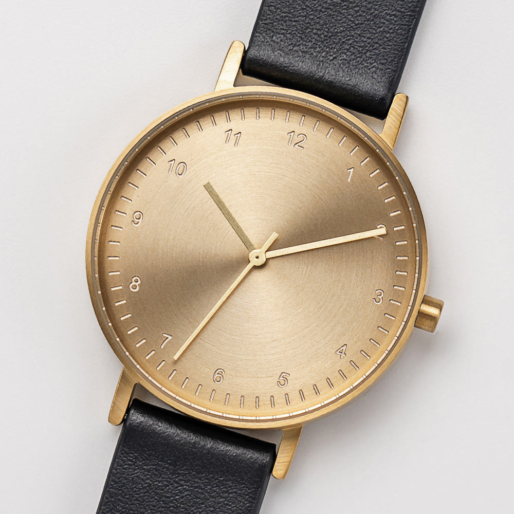 B60 Watch, Gold Case, Gold Dial, Leather Strap - Black