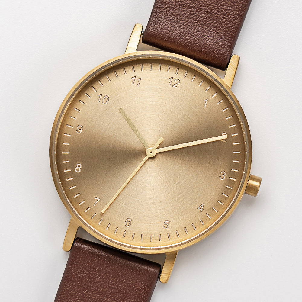 B60 Watch, Gold Case, Gold Dial, Leather Strap - Coffee