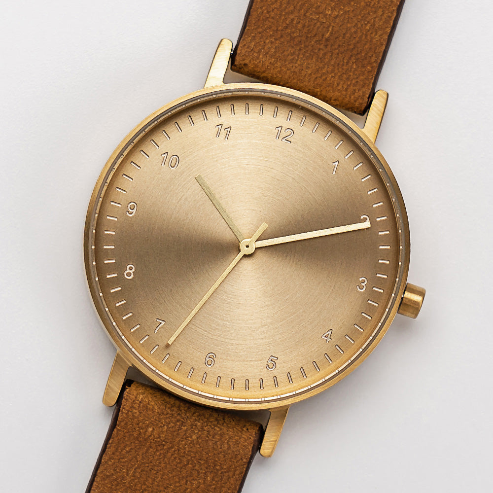 B60 Watch, Gold Case, Gold Dial, Leather Strap - Brown Suede