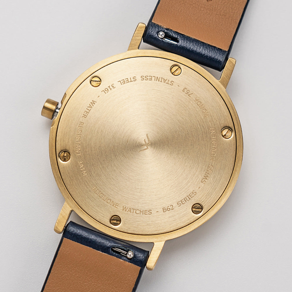 B60 Watch, Gold Case, Gold Dial, Leather Strap - Navy