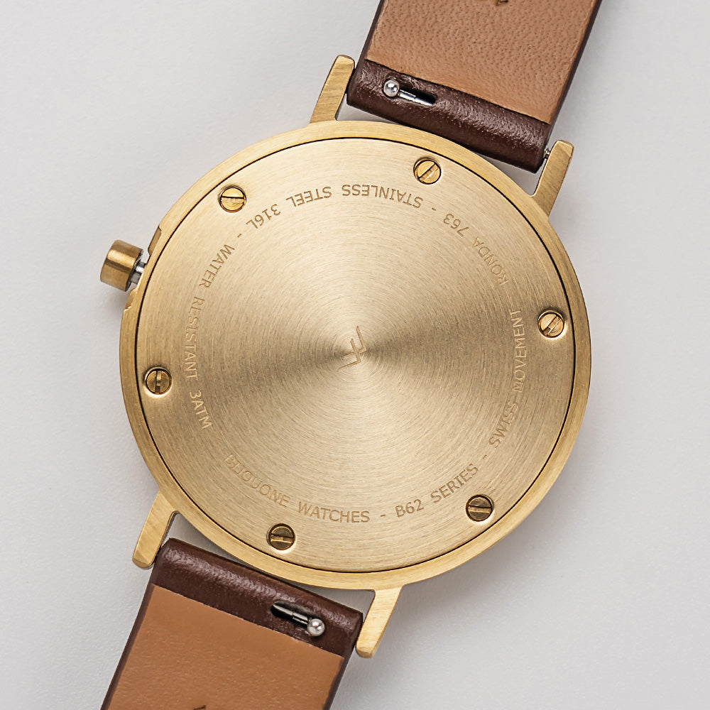 B60 Watch, Gold Case, Gold Dial, Leather Strap - Coffee