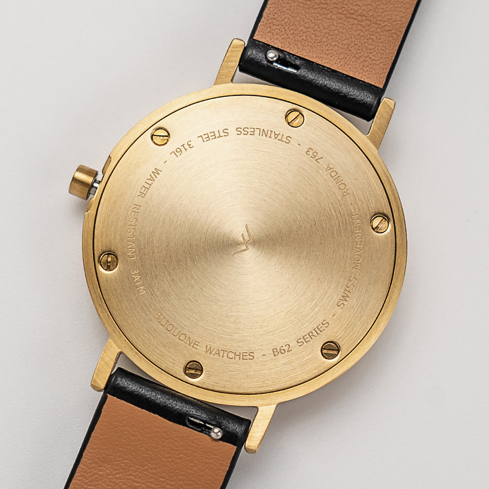 B60 Watch, Gold Case, Gold Dial, Leather Strap - Black