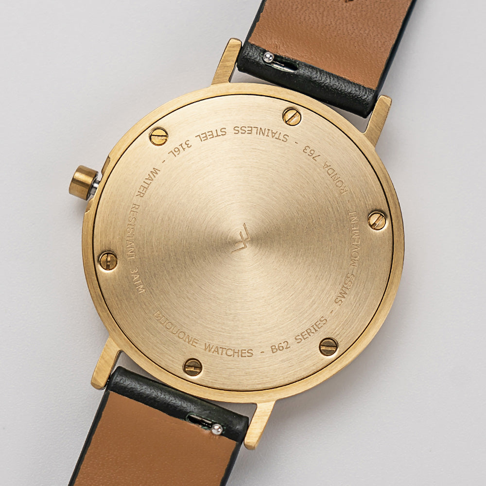 B60 Watch, Gold Case, Gold Dial, Leather Strap - Green