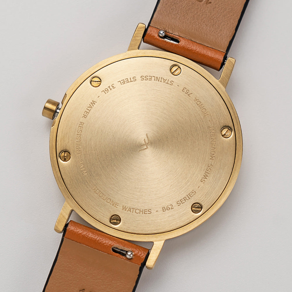 B60 Watch, Gold Case, Gold Dial, Leather Strap - Tan