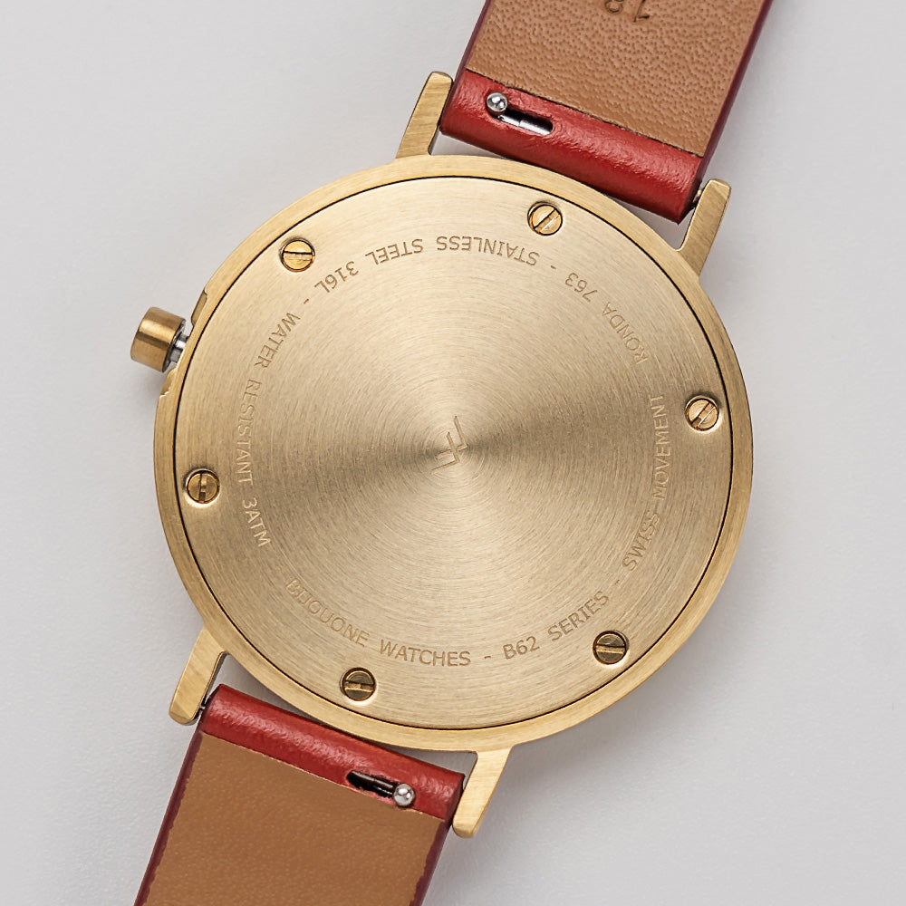 B60 Watch, Gold Case, Gold Dial, Leather Strap - Red