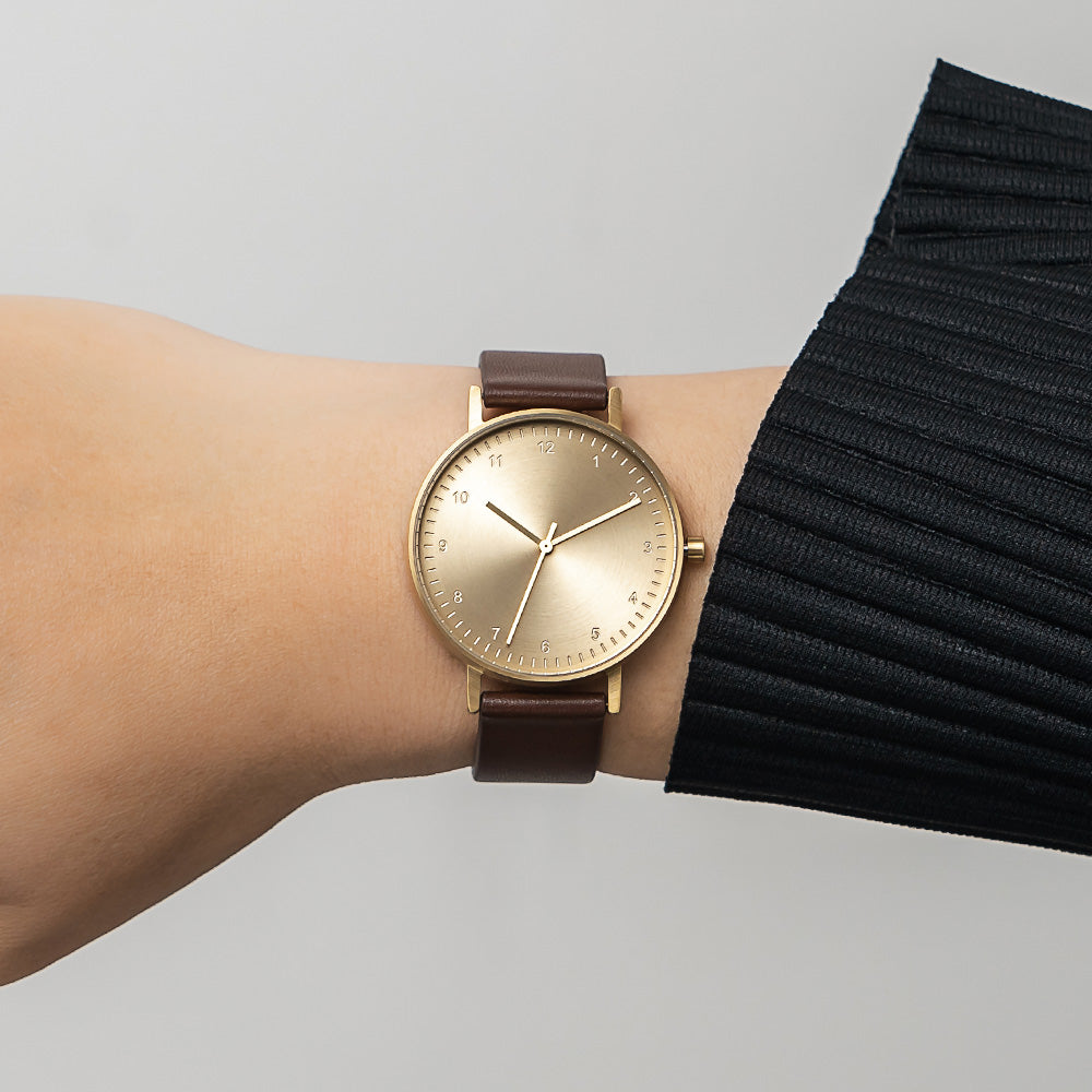 B60 Watch, Gold Case, Gold Dial, Leather Strap - Coffee
