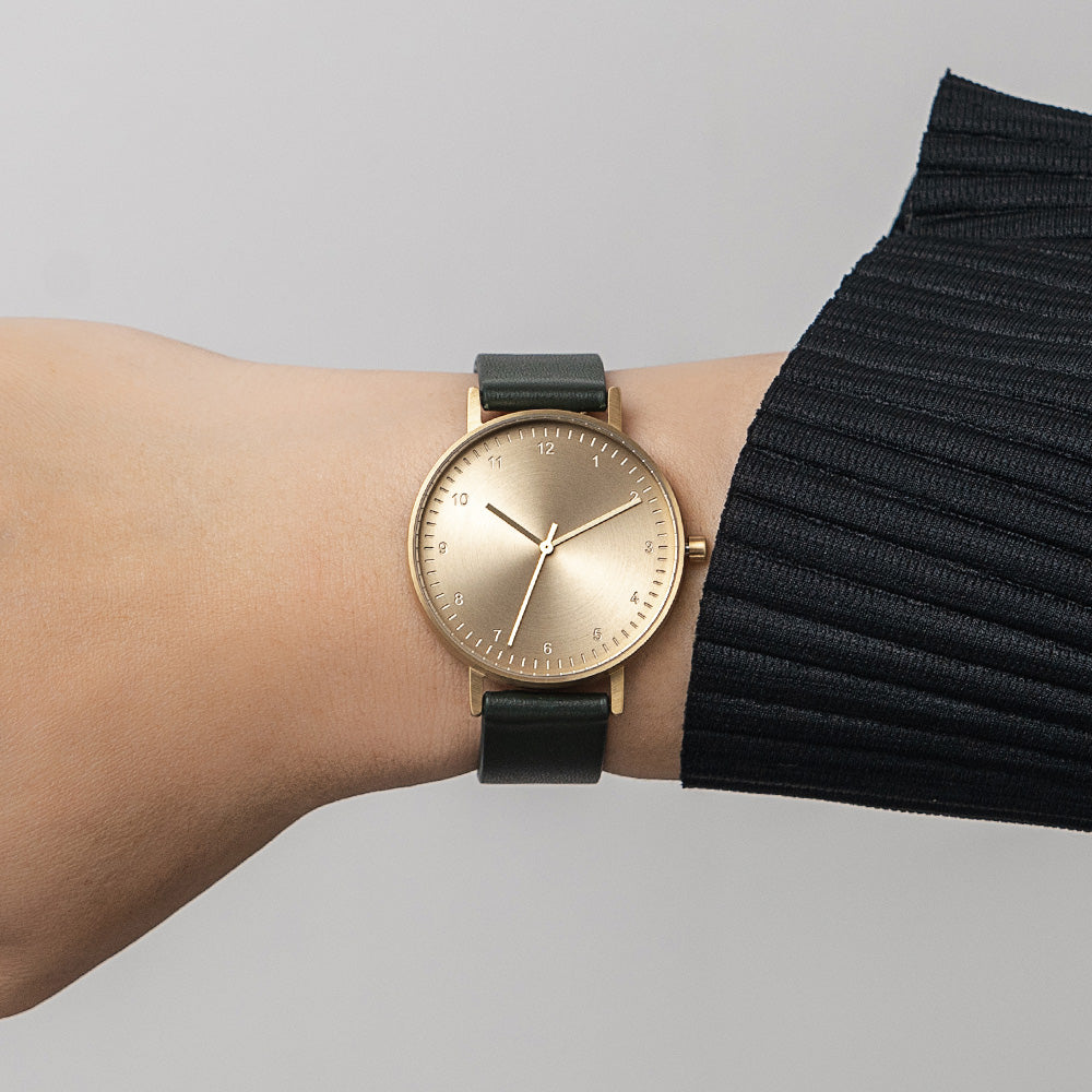 B60 Watch, Gold Case, Gold Dial, Leather Strap - Green